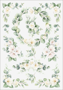 3D-Rub On Aufkleber - Eukalyptus mit weissen Rosen - RB3-039