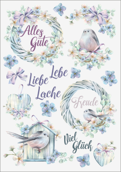 3D-Rub On Aufkleber - Vögelchen mit Blüten - RB3-041
