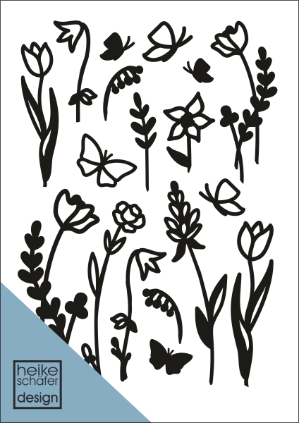 Satinier Schablone/ Aufkleber - Blumen-1 in Schwarz A5