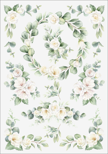 3D-Rub On Aufkleber - Eukalyptus mit weissen Rosen - RB3-039