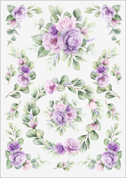 3D-Rub On Aufkleber - Eukalyptus mit lila Rosen - RB3-043