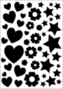 Satinier Schablone/ Aufkleber - Herzen, Sterne, Blüten in Schwarz A5